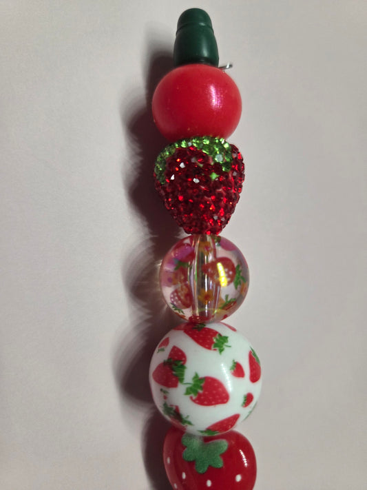 Ballpoint Pen - Strawberry Themed - beadable pen made on a dark Green base with a Strawberry wrap. Will recieve refill when purchased.