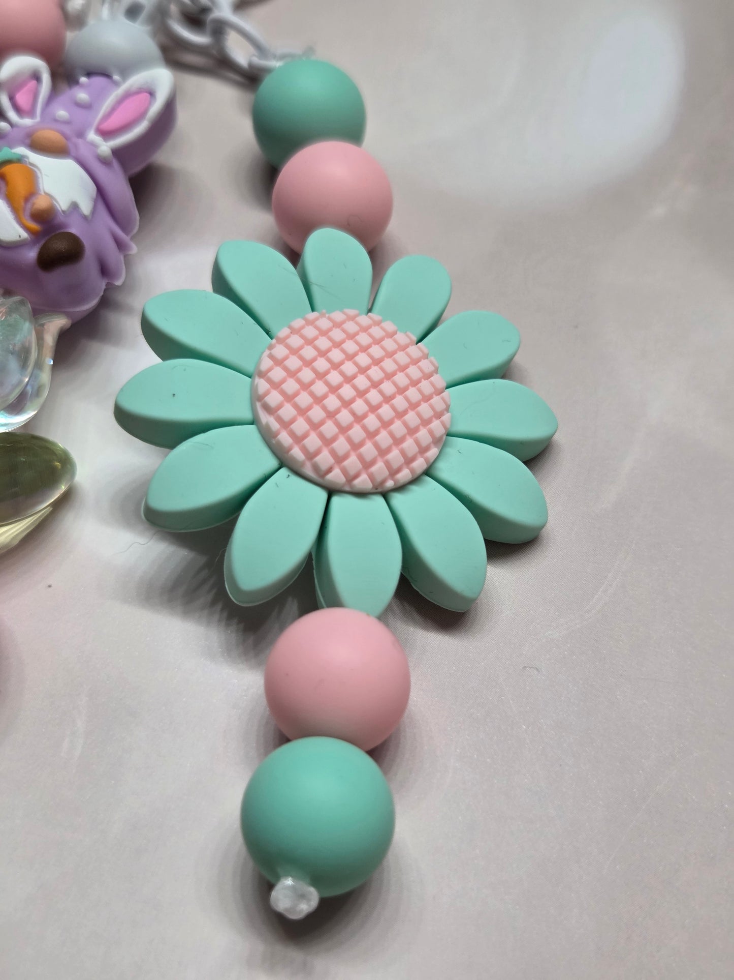 Easter - 3 Strand Keychain/Purse Charm - Easter Gnome Holding a Carrot & Sitting on a Tulip, Large Pastel Green Flower, & Cute Little Rainbow