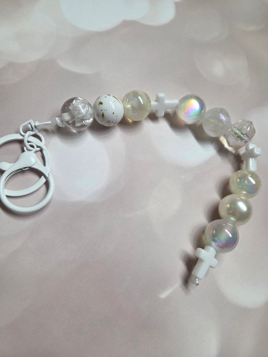 Beautiful White Cross Keychain/Purse Charm feat different shades of Whites and Cream colored beads perfect for Eastertime or Year Long- (I can make this in a purse charm setting with one Carabiner on each side to connect to straps! Just mess. me!)