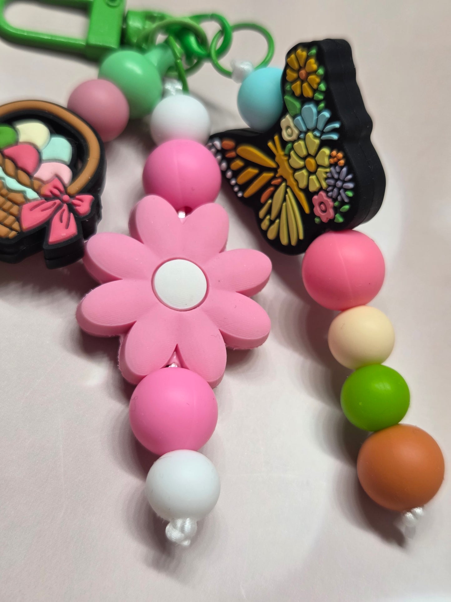 Easter - 3 Strand Keychain/Purse Charm- Easter Basket Filled with Colored Eggs, Pink Flower,& Colorful Butterfly