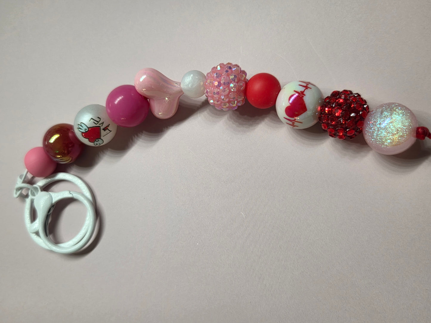 Valentine's Day- Keychain/Purse Charm feat a Variety of Colorful Beads & Rhinestone Beads. White Hardware
