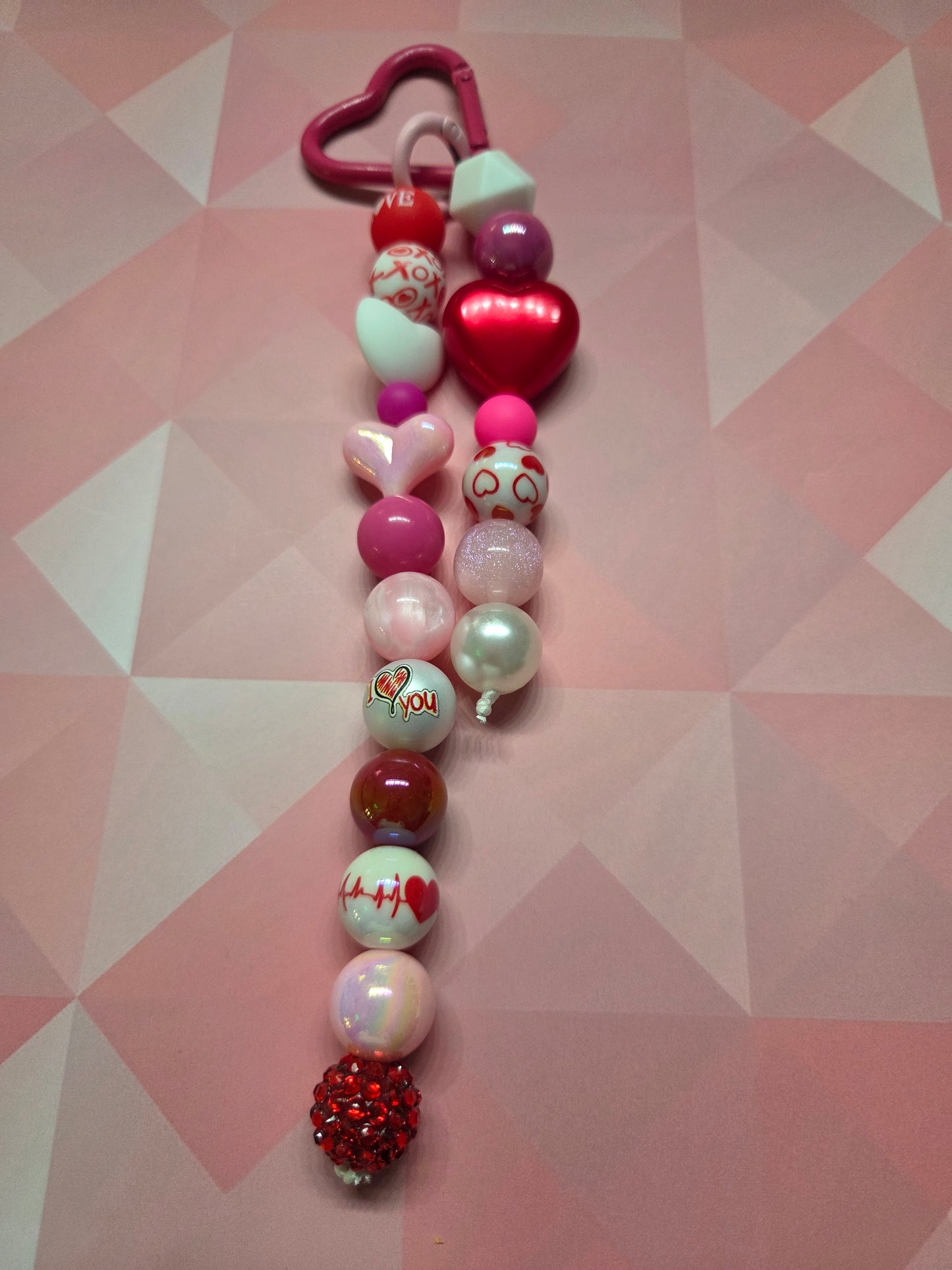 Valentine's Day - Purse Charm with Fuchsia Heart Shaped Carabiner & a Variety of Different Shaped V-Day Beads