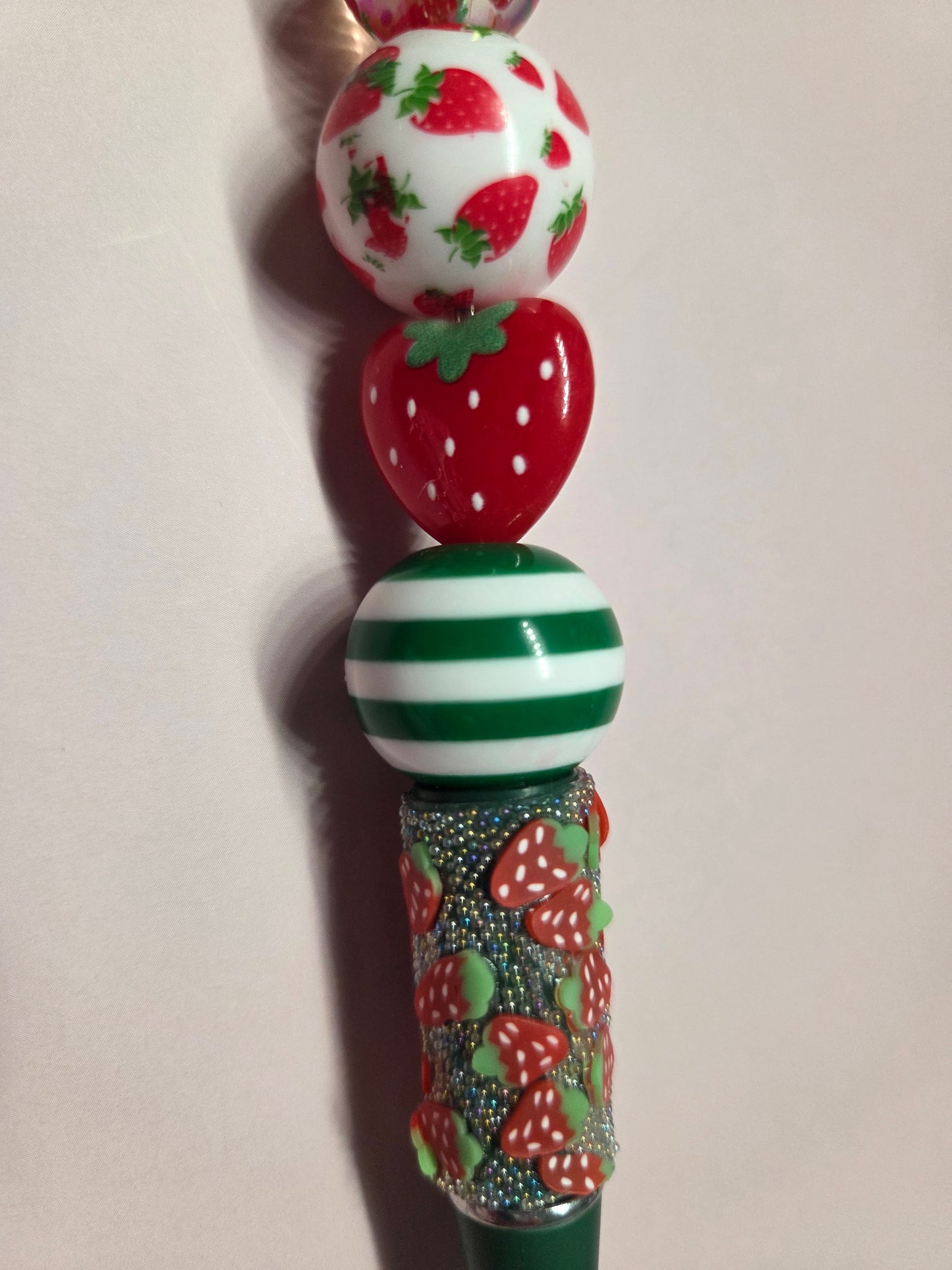 Ballpoint Pen - Strawberry Themed - beadable pen made on a dark Green base with a Strawberry wrap. Will recieve refill when purchased.
