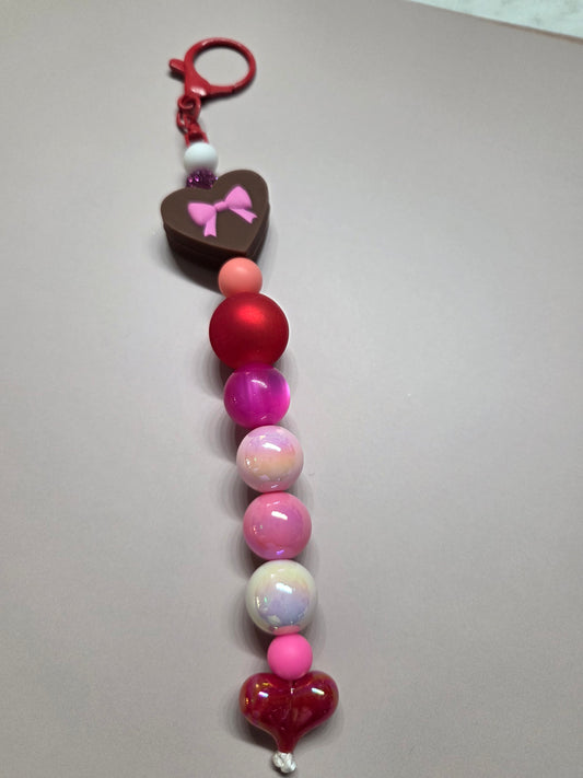 Valentine's Day - Box of Chocolates Heart with Bow on one side and candy on the other- keychain/Purse charm