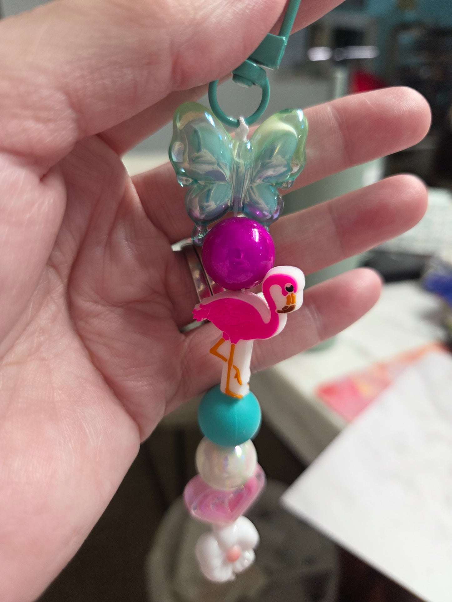 Keychain - Flamingo with teal butterfly and other beautiful beads - for that perfect summer ☀️ feel!
