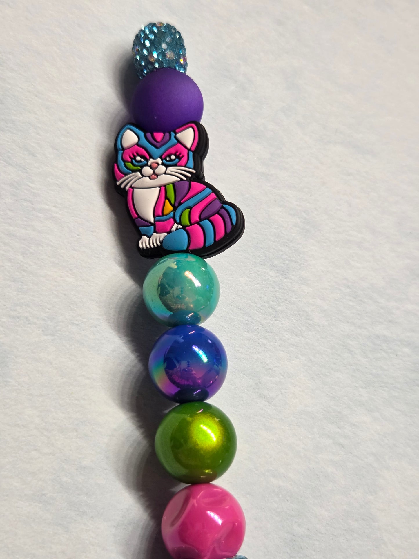Pen - Lisa Frank Inspired - Colorful Cat on Fully Rhinestoned Teal Pen