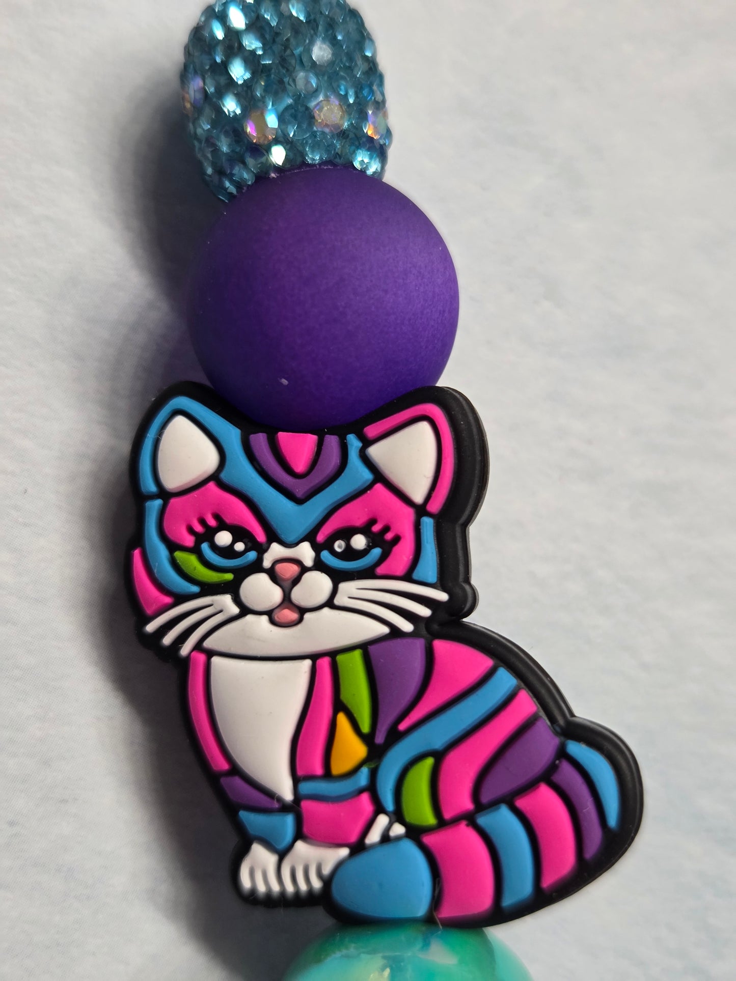 Pen - Lisa Frank Inspired - Colorful Cat on Fully Rhinestoned Teal Pen