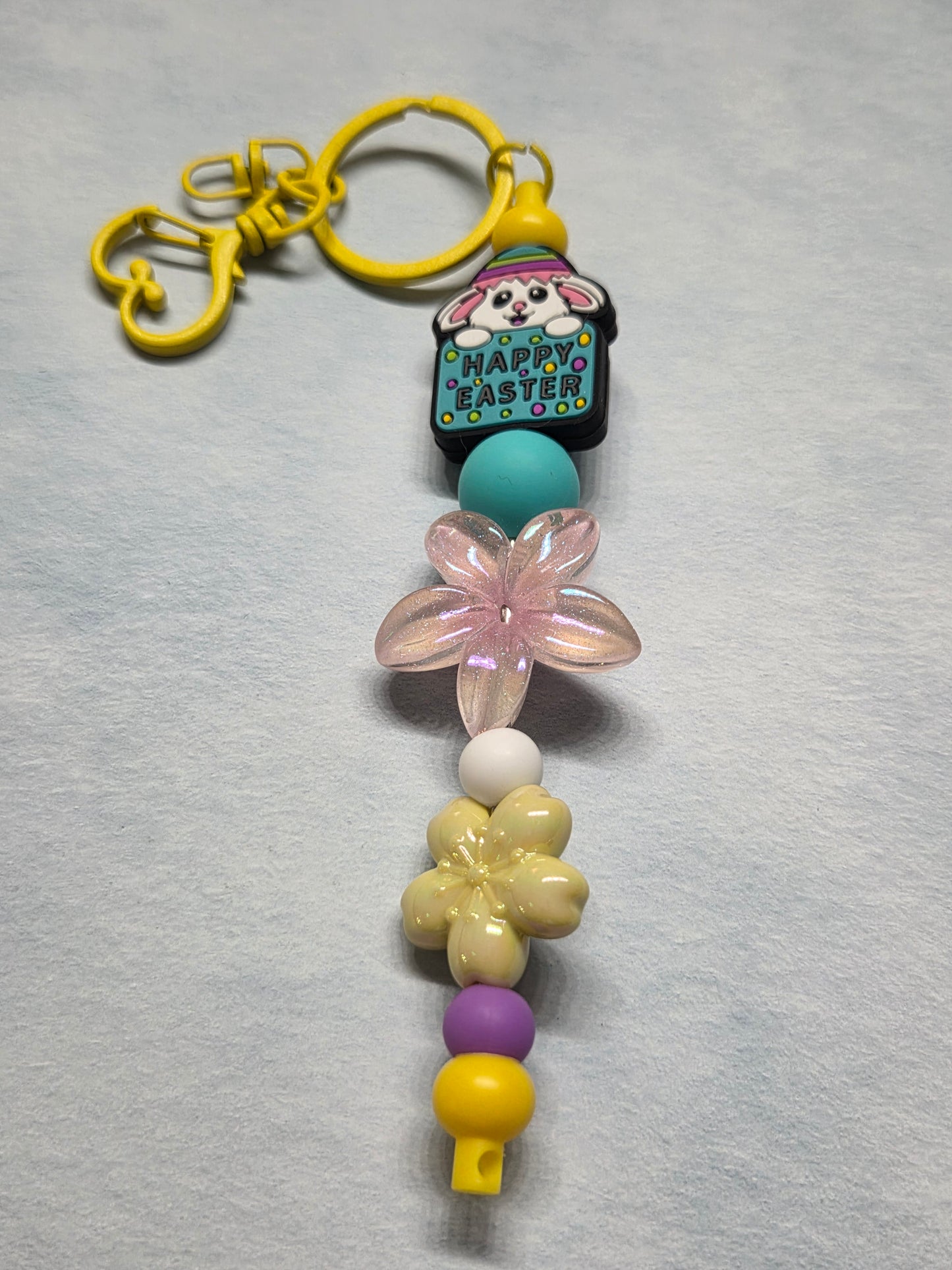 Easter- Cute Easter Bunny Keychain/Purse Charm with a Large Beautiful Pink Flower and Other Sweet Beads. Yellow Hardware
