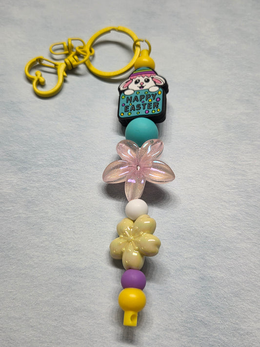 Easter- Cute Easter Bunny Keychain/Purse Charm with a Large Beautiful Pink Flower and Other Sweet Beads. Yellow Hardware