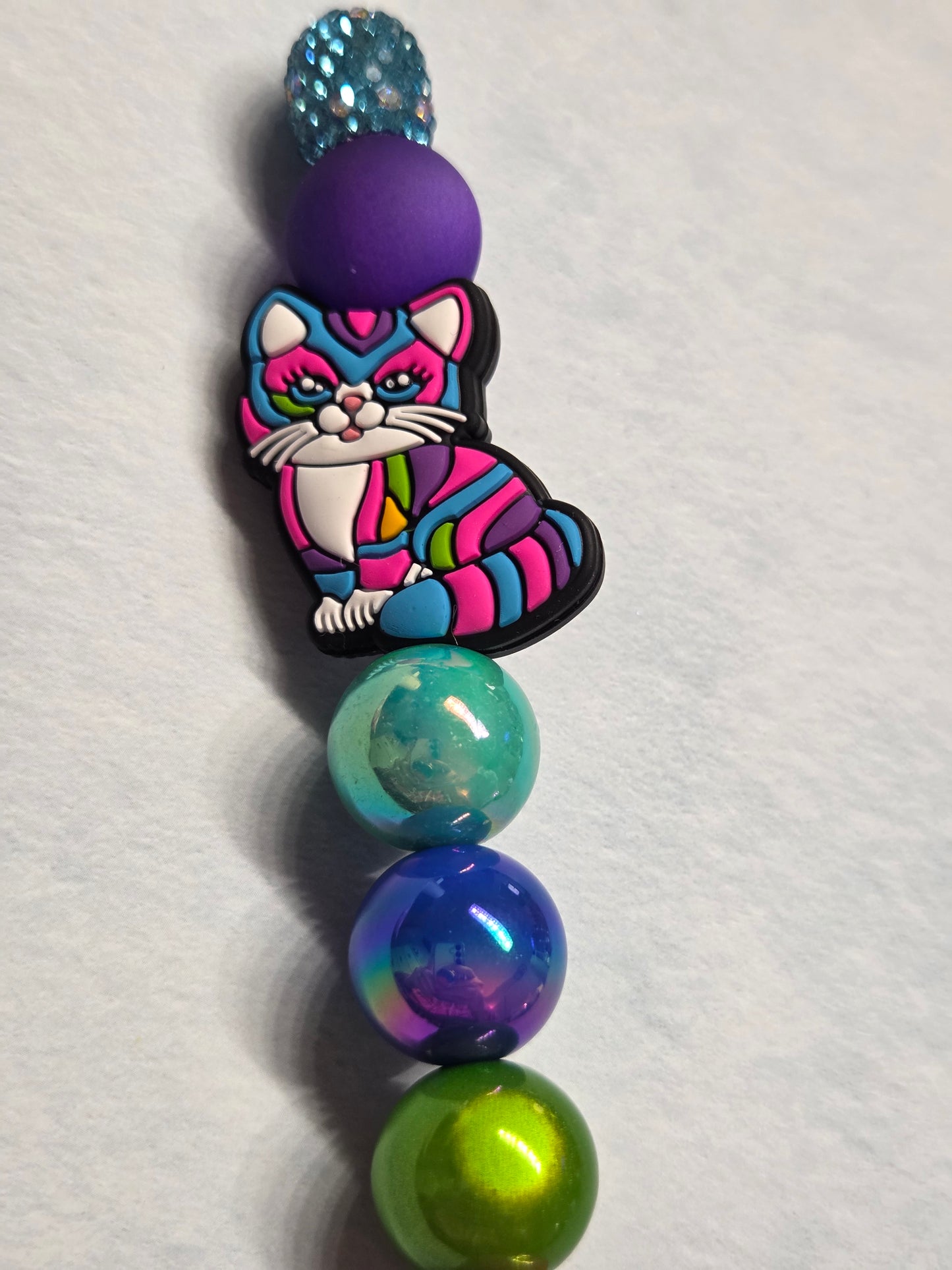 Pen - Lisa Frank Inspired - Colorful Cat on Fully Rhinestoned Teal Pen