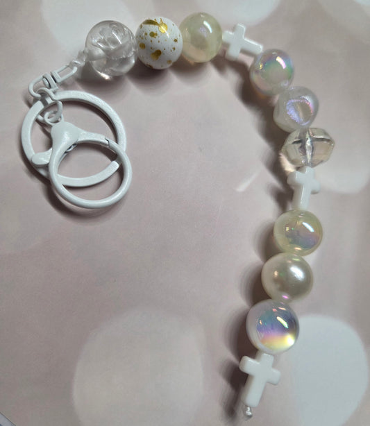 Beautiful White Cross Keychain/Purse Charm feat different shades of Whites and Cream colored beads perfect for Eastertime or Year Long- (I can make this in a purse charm setting with one Carabiner on each side to connect to straps! Just mess. me!)