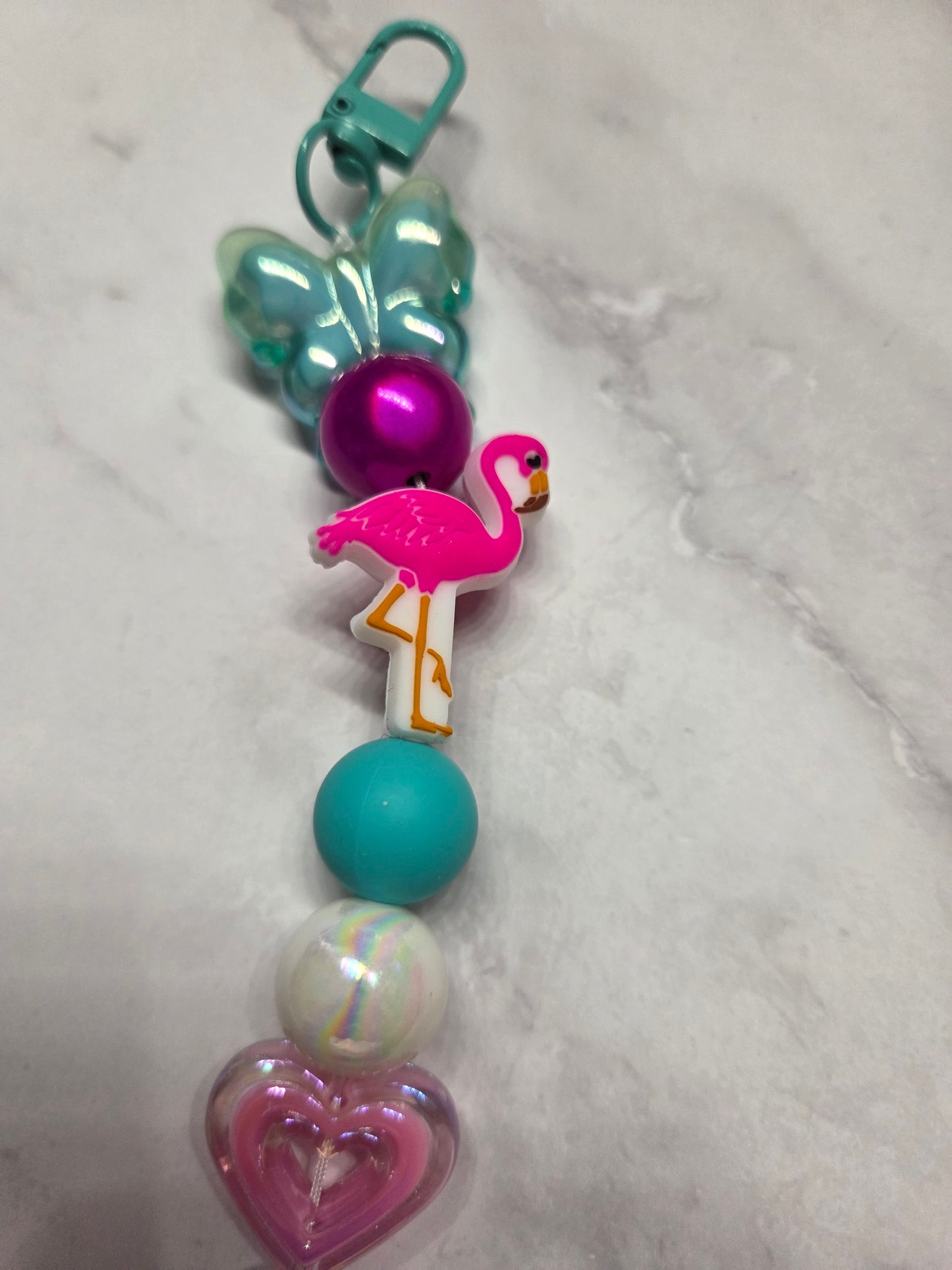 Keychain - Flamingo with teal butterfly and other beautiful beads - for that perfect summer ☀️ feel!