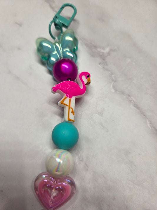 Keychain - Flamingo with teal butterfly and other beautiful beads - for that perfect summer ☀️ feel!