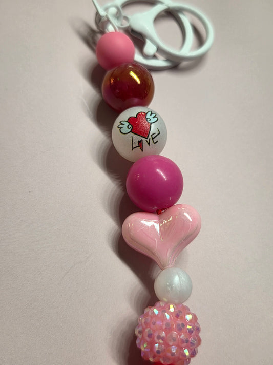 Valentine's Day- Keychain/Purse Charm feat a Variety of Colorful Beads & Rhinestone Beads. White Hardware