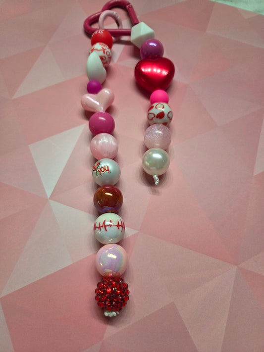 Valentine's Day - Purse Charm with Fuchsia Heart Shaped Carabiner & a Variety of Different Shaped V-Day Beads