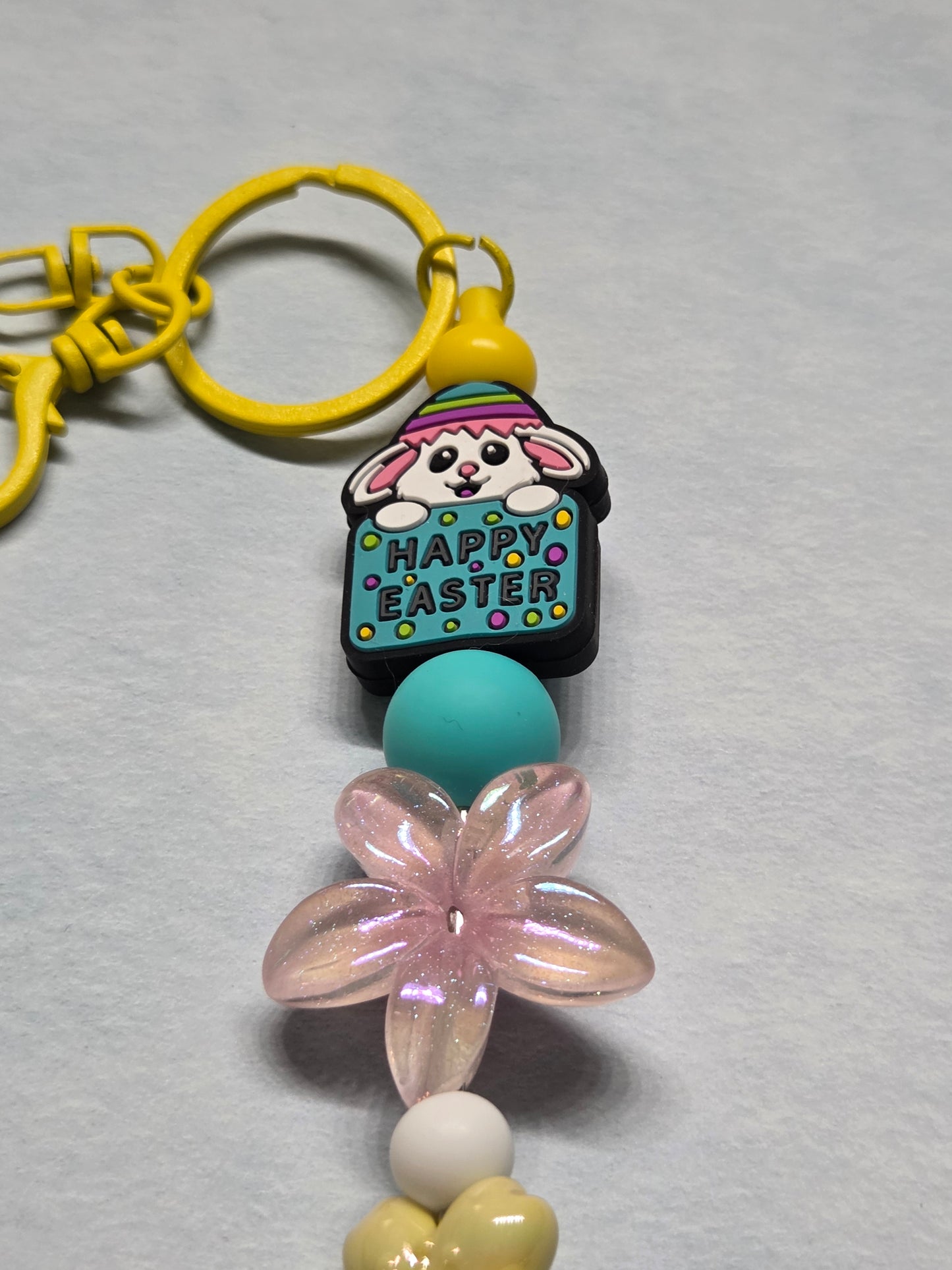 Easter- Cute Easter Bunny Keychain/Purse Charm with a Large Beautiful Pink Flower and Other Sweet Beads. Yellow Hardware
