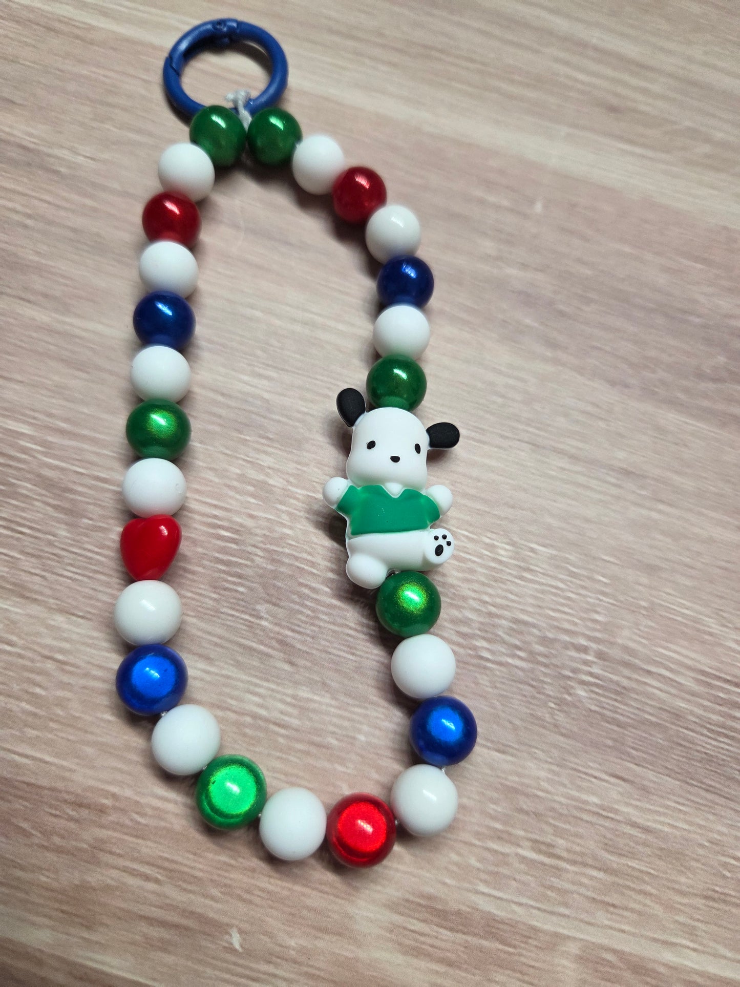 Phone Charm - Pochacco (Sanrio Family) With His Single Red Heart Bead & Carabiner Topper