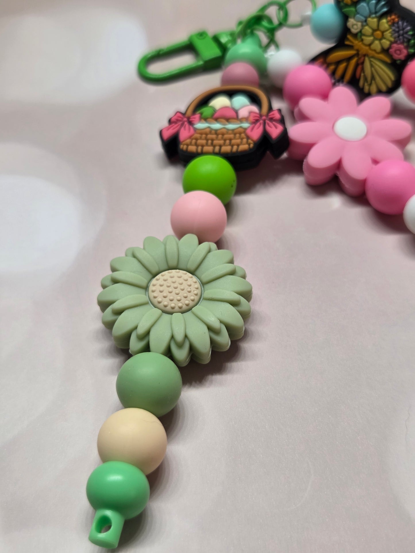 Easter - 3 Strand Keychain/Purse Charm- Easter Basket Filled with Colored Eggs, Pink Flower,& Colorful Butterfly