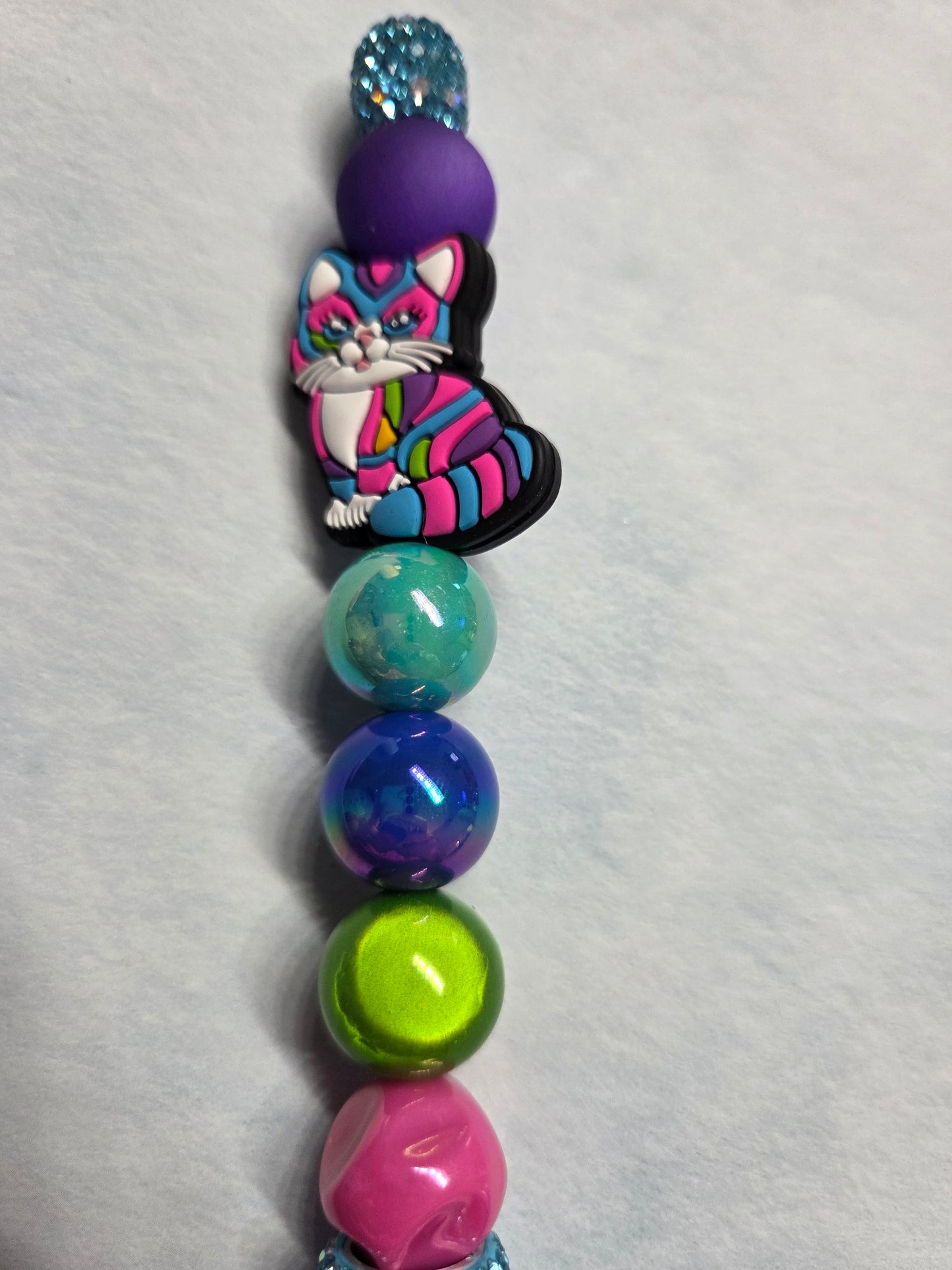 Pen - Lisa Frank Inspired - Colorful Cat on Fully Rhinestoned Teal Pen
