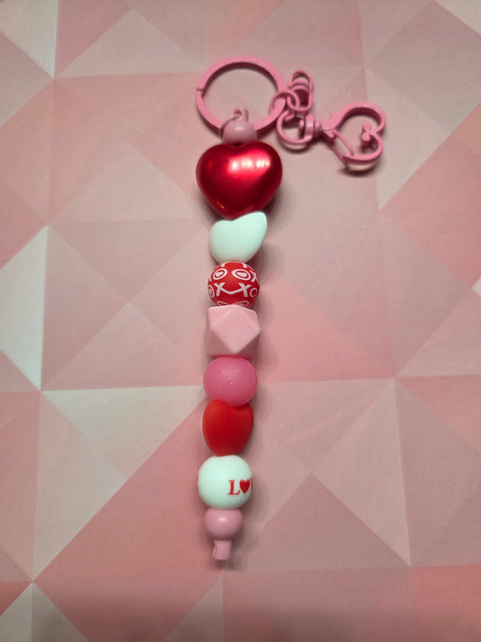 Valentine's Day - Large Red Heart Keychain/Purse Charm with Smaller Heart Beads on Pink Hardware
