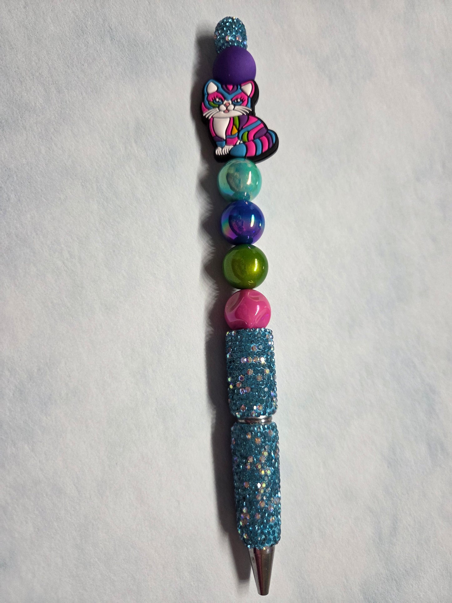Pen - Lisa Frank Inspired - Colorful Cat on Fully Rhinestoned Teal Pen