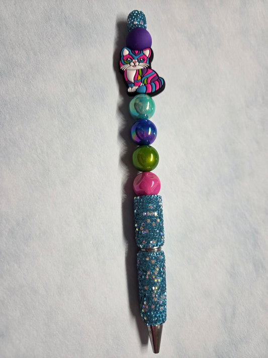 Pen - Lisa Frank Inspired - Colorful Cat on Fully Rhinestoned Teal Pen