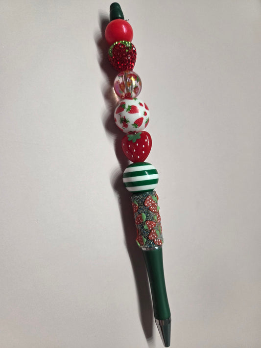 Ballpoint Pen - Strawberry Themed - beadable pen made on a dark Green base with a Strawberry wrap. Will recieve refill when purchased.