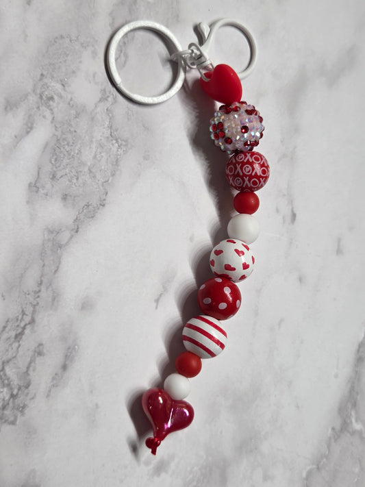 Valentine's Day - Red Heart with Rhinestone and Wooden Beads - Keychain/Purse Charm with White Lobster Clasp