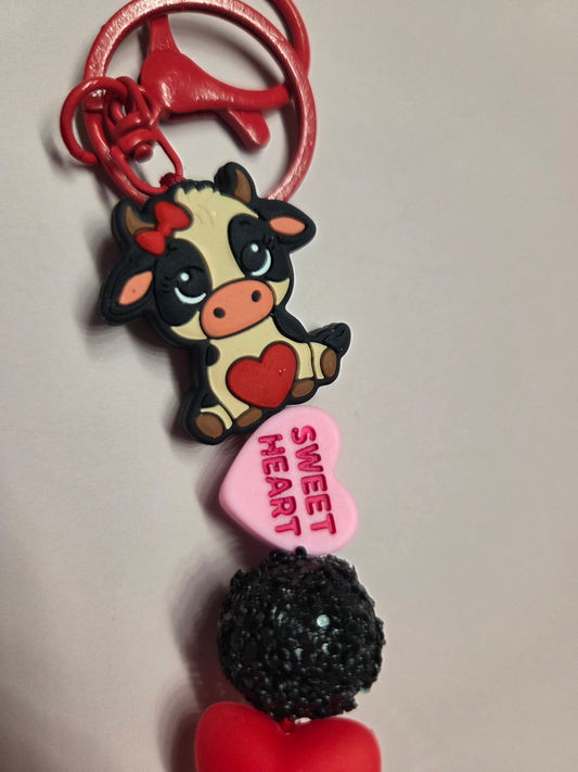 Valentine's Day - Keychain/Purse Charm- Sweet Moo Cow holding tightly to a red heart ❤️ with candy heart phrase beads and other cute beads