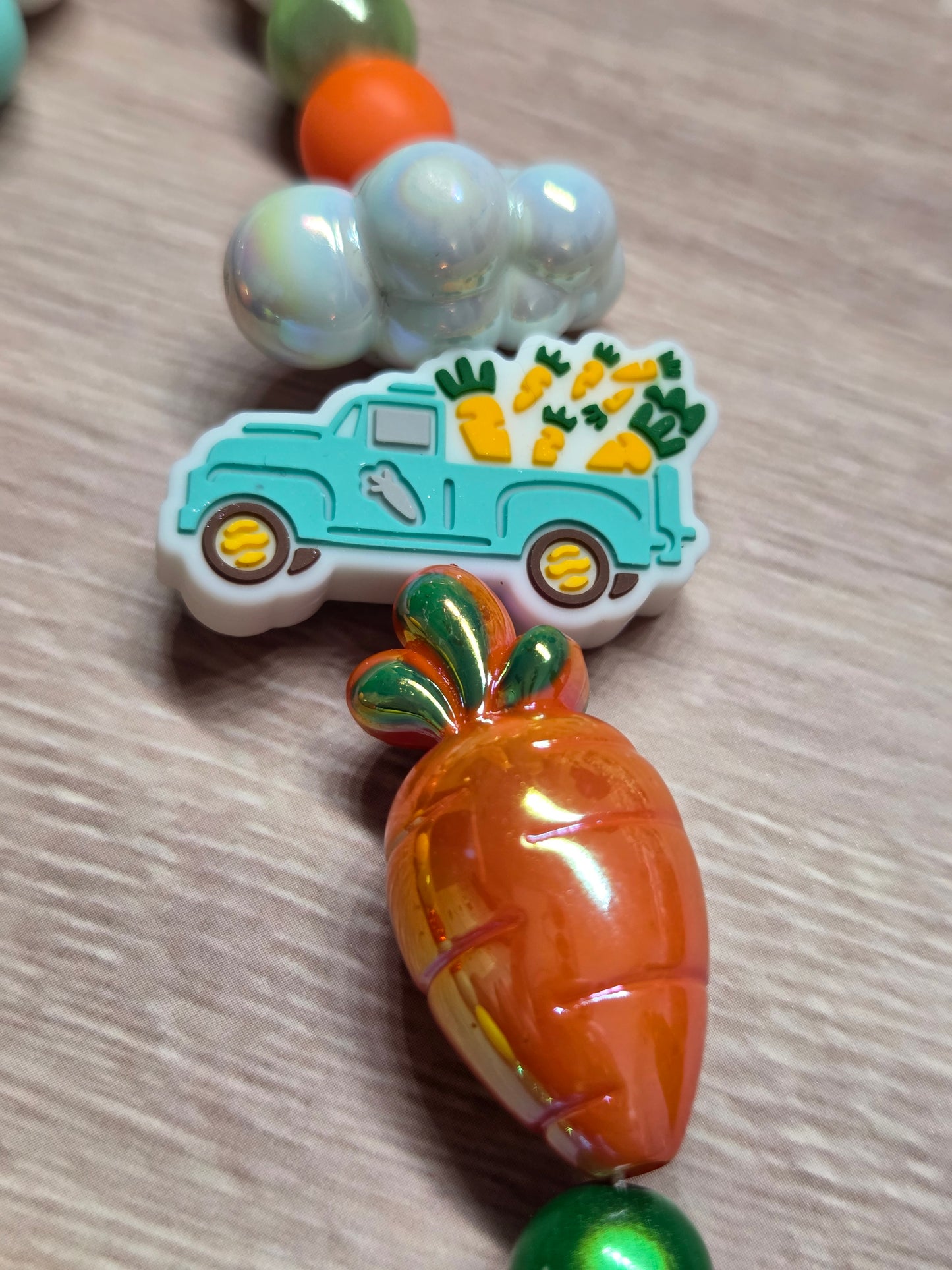 Easter - Truck Filled with Carrots with Cloud Above & Large Carrot Below - Phone Charm with Carabiner Topper