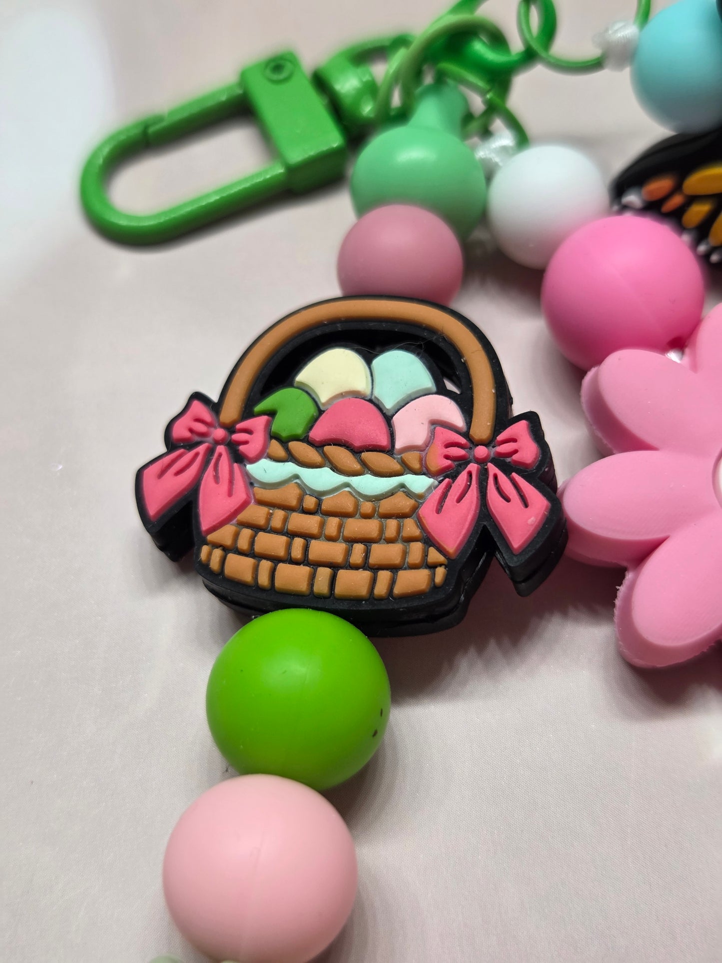 Easter - 3 Strand Keychain/Purse Charm- Easter Basket Filled with Colored Eggs, Pink Flower,& Colorful Butterfly