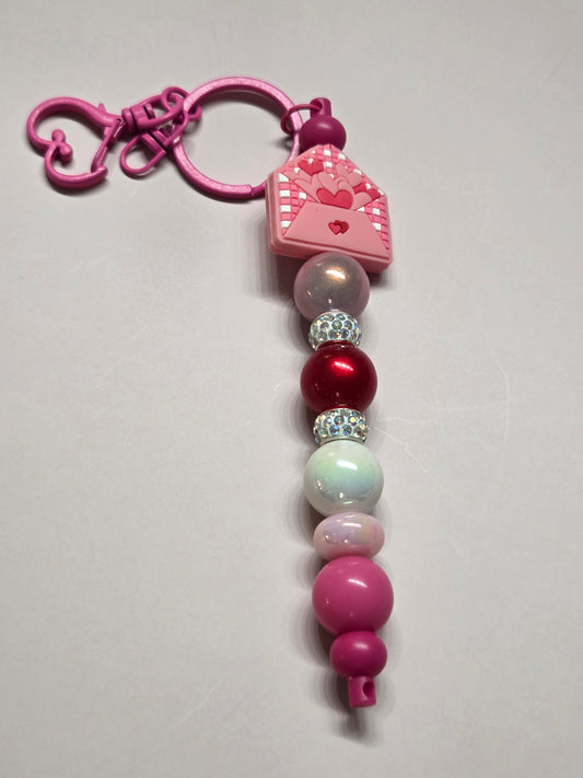 Valentine's Day - Pink Envelope with Hearts and a Variety of Colorful Beads - Keychain/Purse Charm